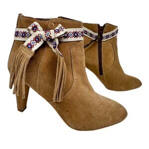 High Heel Fringe Ankle Booties Womens SZ 7.5 Brown Suede Boho Western Cowgirl